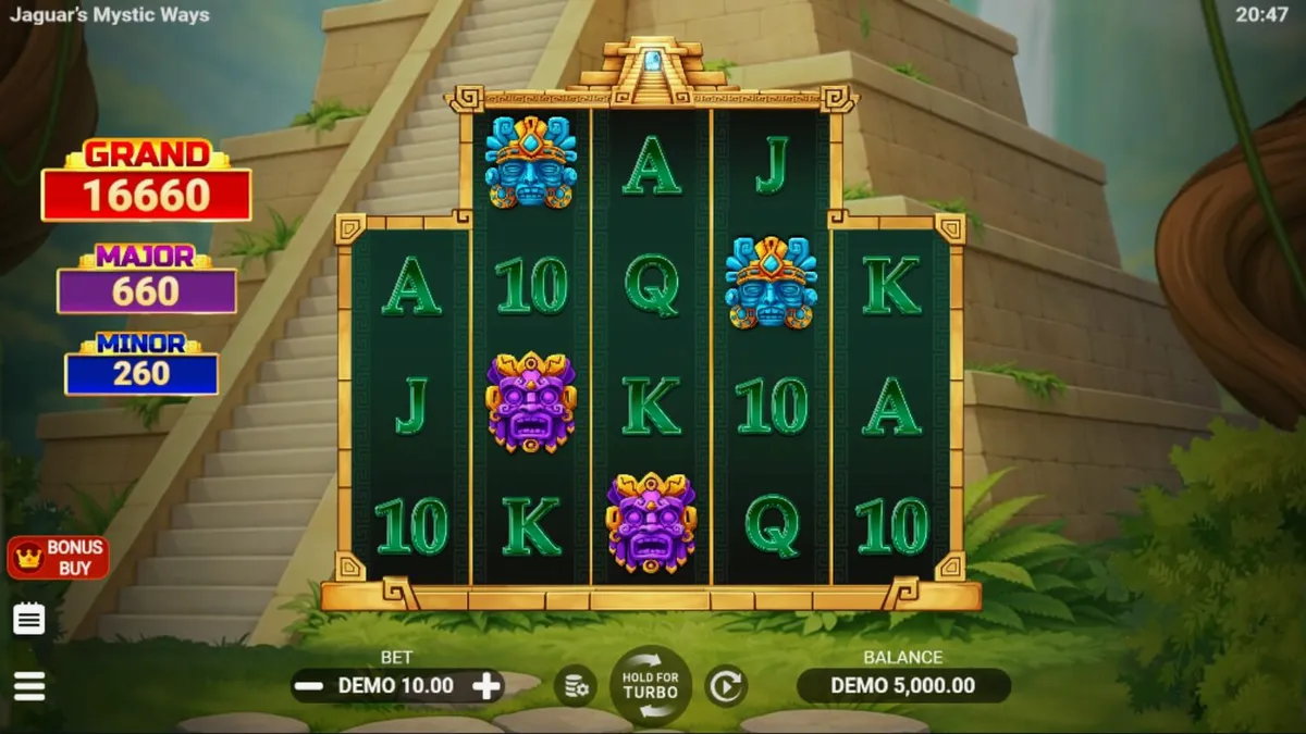 Pemandangan hutan kuno dan kuil emas dalam slot Jaguar’s Mystic Ways