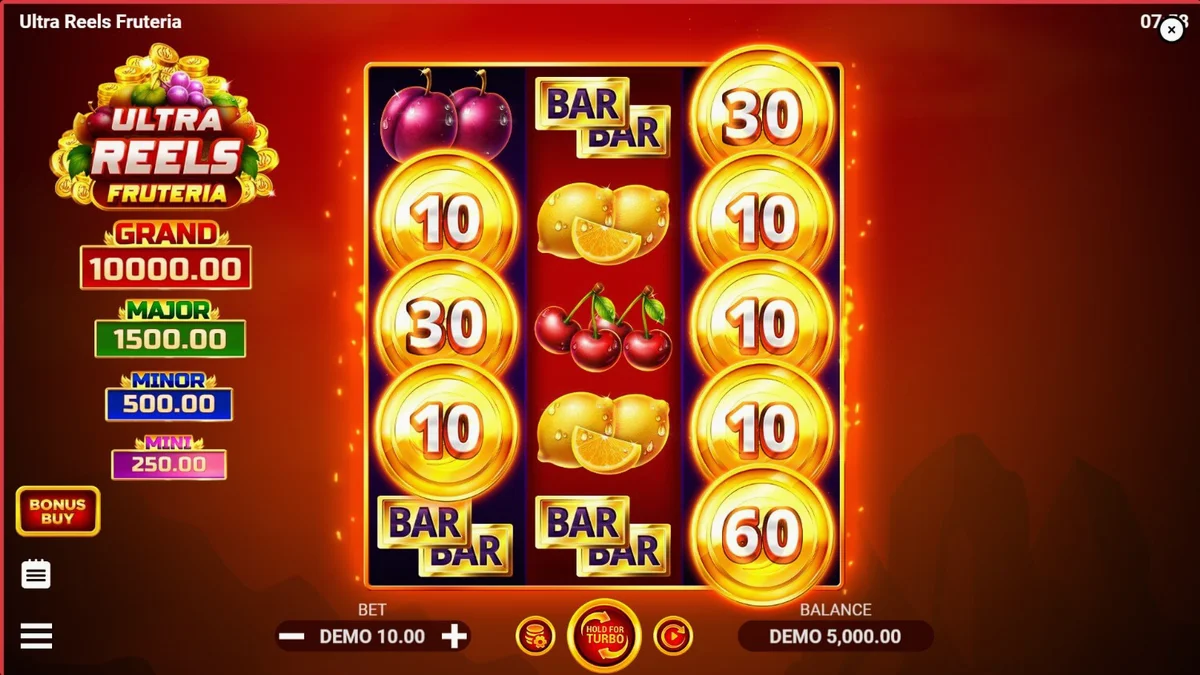 Tampilan visual slot Ultra Reels Fruteria dengan simbol buah-buahan segar dan latar belakang kebun emas.