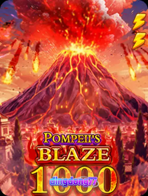 Tampilan visual slot Pompeii’s Blaze 1000 dengan latar belakang gunung berapi dan simbol emas.